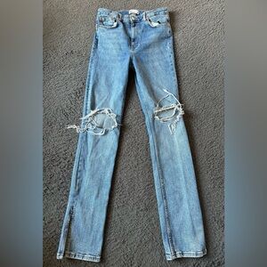 90’s Zara high rise split hem stretchy distressed jeans, size 10